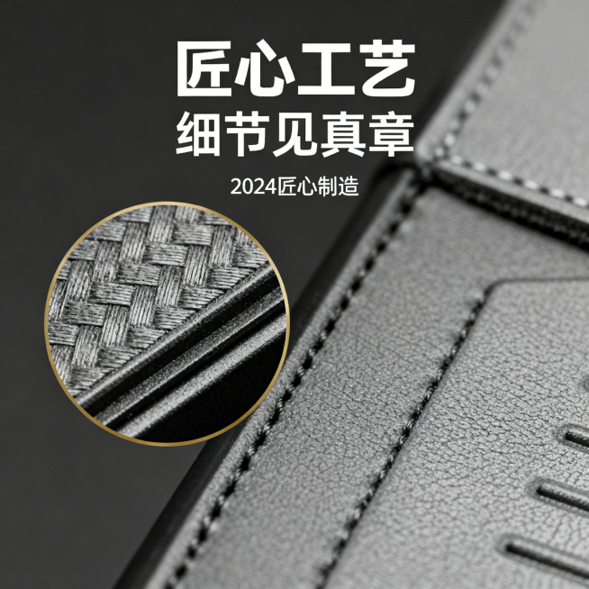 海报设计示例，海报侧边有一个圆形区域，圆形内突出展示产品工艺细节，整体排版简洁现代，工艺细节清晰特写预览效果