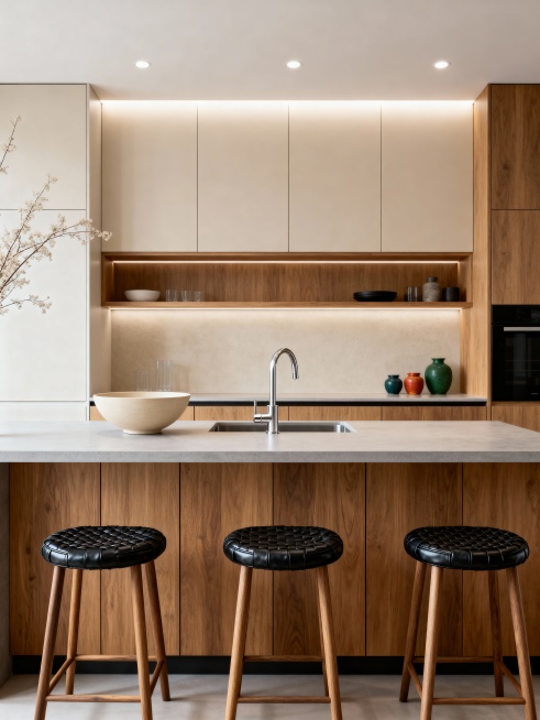 以中心三分法搭建画面框架，视觉重心精准落在画面中前景的岛台操作区与水槽核心区域，横向空间纵深感拉满，左右两侧柜体与背景形成均衡留白，画面整体通透开阔；视角选用50mm 标准镜头平视微俯拍摄，俯角约 1预览效果