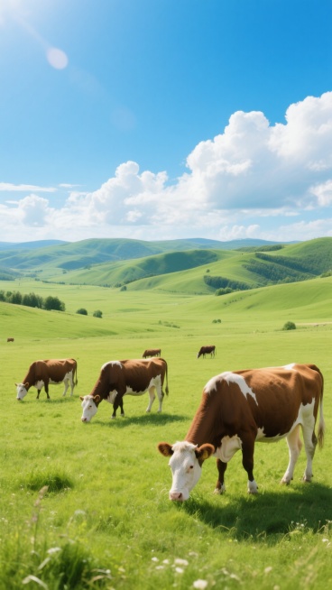 一片广阔无垠的夏日牧场，远处是连绵起伏的绿色丘陵，天空湛蓝，点缀着大片洁白的云朵，阳光明媚，光线柔和地洒在草地上，形成明亮而温暖的光影效果。近处的草地上，几头棕白相间的奶牛正在悠闲地低头吃草，姿态各异，神情安详。整个场景充满了宁静、自然、生机勃勃的田园氛围，色彩鲜明，以绿色和蓝色为主色调，画面清晰，细节丰富，展现出牧场的开阔与美丽。预览效果