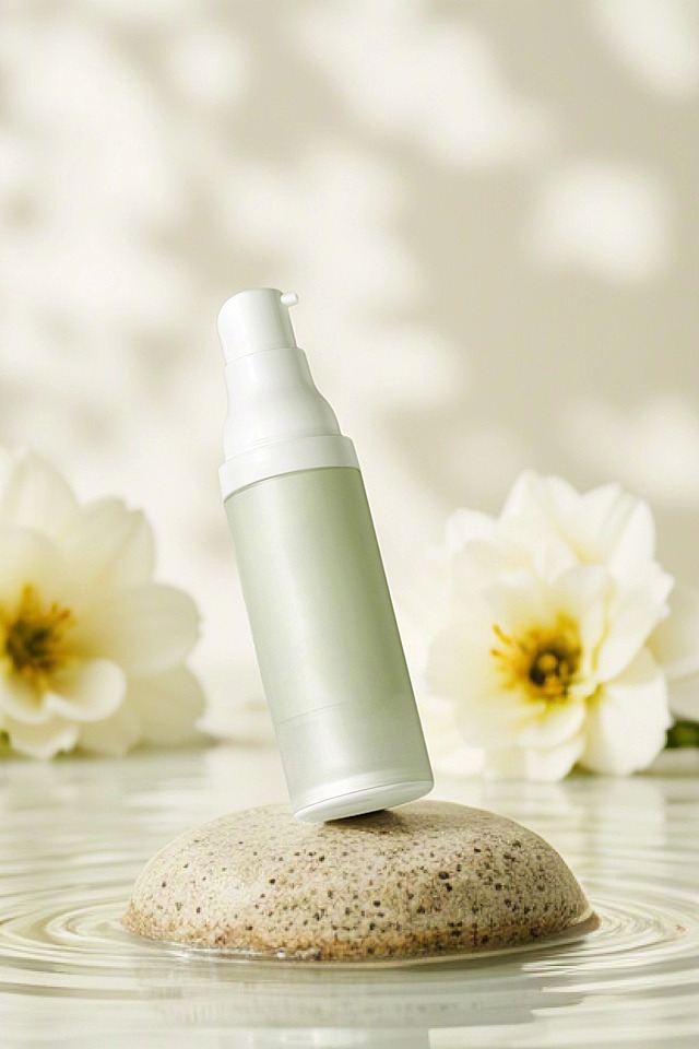 一个产品，石块底座，放在水滴上面，背景有模糊花朵，背景模糊，浅色为主