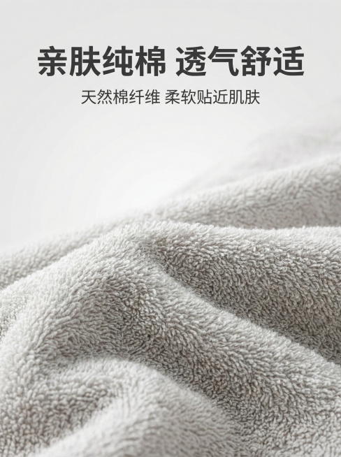 第三张详情图：卖点展示“优质纯棉毛圈面料”，特写展示浴袍的面料纹理，浅灰色渐变背景，柔和顶光突出毛巾质感肌理。主标题“亲肤纯棉 透气舒适”放置在画面上方，大号深灰色无衬线字体。下方小字标注“天然棉纤维预览效果