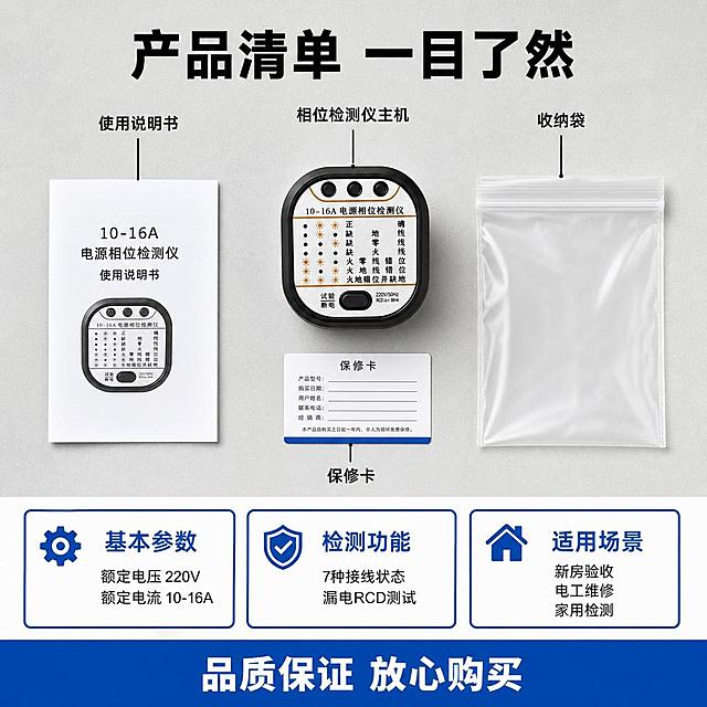 [主图-5] 电源相位检测仪产品全家福与规格图 明亮实景风 买前必看。
[氛围风格] 明亮产品展示风 工作台实景 信息清晰 真实可信。
[画质] 商业产品摄影质感 光线明亮均匀 产品清晰 排版整齐 画面干净。
[元素] 画面采用上下布局 上半部分为产品全家福Knolling平铺展示 相位检测仪主机居中 周围摆放：产品说明书 保修卡 透明收纳袋 从上方俯视拍摄 排列整齐。背景是浅灰色工作台面 有细腻纹理。下半部分为规格参数区 采用三列卡片式布局。画面最底部为服务承诺栏。保持检测仪外观与输入图一致 平铺角度自然。
[光影] 顶部柔光箱均匀照明 俯视角度光线均匀 无强烈阴影 产品和配件都清晰可见 整体明亮干净。
[配色] 主色浅灰与白色 辅色黑色产品与深灰文字 强调色蓝色（卡片高亮与图标）。
[视角构图] 上半部分俯视平铺 下半部分参数卡片 上下结构 满版规整构图。
[文字版式] 顶部大标题"产品清单 一目了然" 黑色粗体大号无衬线 居中。全家福各配件有引线标注 分别为"相位检测仪主机" "使用说明书" "收纳袋" "保修卡" 黑色引线 黑字。下半部分三列参数卡片 蓝边白底 分别为"基本参数" "额定电压 220V 额定电流 10-16A" "检测功能" "7种接线状态 漏电RCD测试" "适用场景" "新房验收 电工维修 家用检测" 卡片内上标题下说明。底部蓝色通栏 白字"品质保证 放心购买" 居中粗体。
[输出要求] 1:1比例 文字清晰锐利 超高清商业摄影质感。
[负向提示词] 变形 文字错乱 产品模糊 背景杂乱 水印 电商平台Logo。