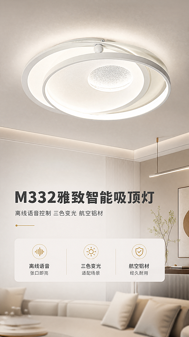 [商品] 使用【图1】M332雅致智能吸顶灯，白色圆形双层环设计，保留产品结构、比例、颜色、材质和发光效果，灯体为航空铝材高温磨砂烤漆质感，发光面均匀柔和，不改变产品外形和双层环交错结构。
[画面] 页面目标：头图海报，展示产品全貌与现代家居氛围。构图：竖版9:16，上半部分现代简约客厅天花板实景，吸顶灯安装在中央，产品占画面约55%，仰视角呈现灯体悬浮美感；下半部分留白放文案。前中后景：前景客厅沙发一角虚化，中景吸顶灯主体清晰，后景简约吊顶与墙面。阅读动线：从上到下，先看灯再看文案。
[视觉] 套系策略：风格=现代简约轻奢家居商业摄影；标题字=思源黑体粗体；正文字=思源黑体常规；主色=雅致白+浅灰；背景延展=基于白色和浅暖灰做渐变、同色系深浅层级、细腻哑光墙面质感；强调色=暖金色，仅用于小面积图标、引线和标签点缀；标题色=深炭灰；正文色=中暖灰；组件=圆角浅底信息卡、细线引线、圆点装饰；光影=顶部暖柔光，灯体自发光柔和，整体通透干净。
[文字] 主标题：M332雅致智能吸顶灯；副标题：离线语音控制 三色变光 航空铝材；3个短卖点：① 离线语音 张口即亮 ② 三色变光 适配场景 ③ 航空铝材 经久耐用；文字区位于画面下半部偏左，横向排版，不遮挡灯体主体。
[规格] 图片比例9:16竖版，4K分辨率，避免变形、错字、文字过小、冷蓝背景、产品结构改变、灯体颜色失真。