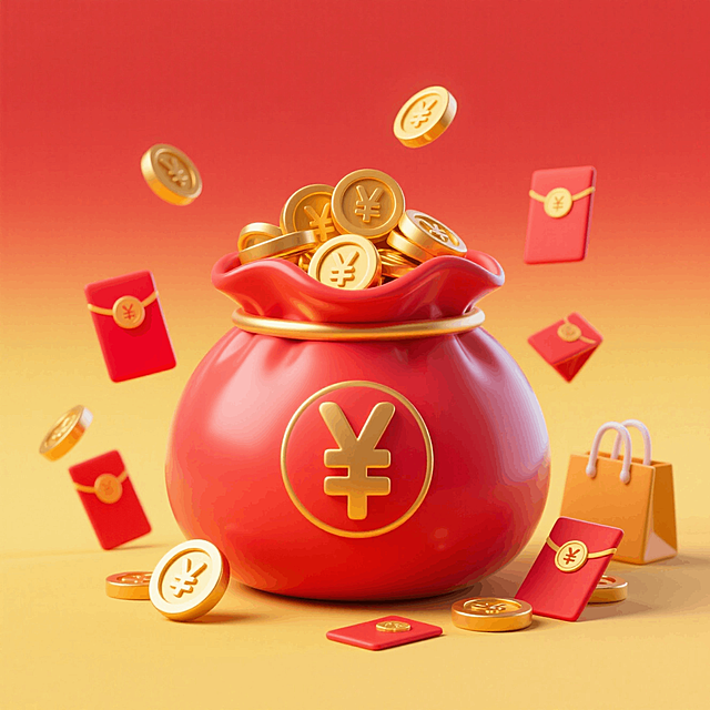 一个红色的圆鼓鼓的钱袋子，里面装满金币、红包，周围有红包、购物袋等小元素做氛围装饰，红黄渐变色背景