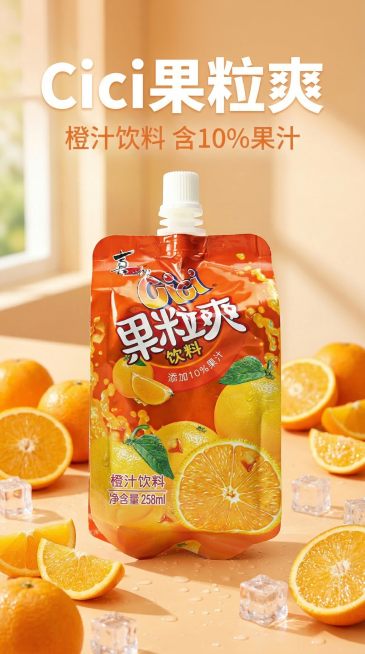 9:16竖版商品主图，cici橙汁味果粒爽吸吸果冻包装袋竖直居中放置，背景为浅橙色干净台面，周围散落新鲜橙子切片和冰块，包装表面带有水珠，清爽夏日氛围，自然暖光，全屏铺满无白边，主标题文字"cici果预览效果