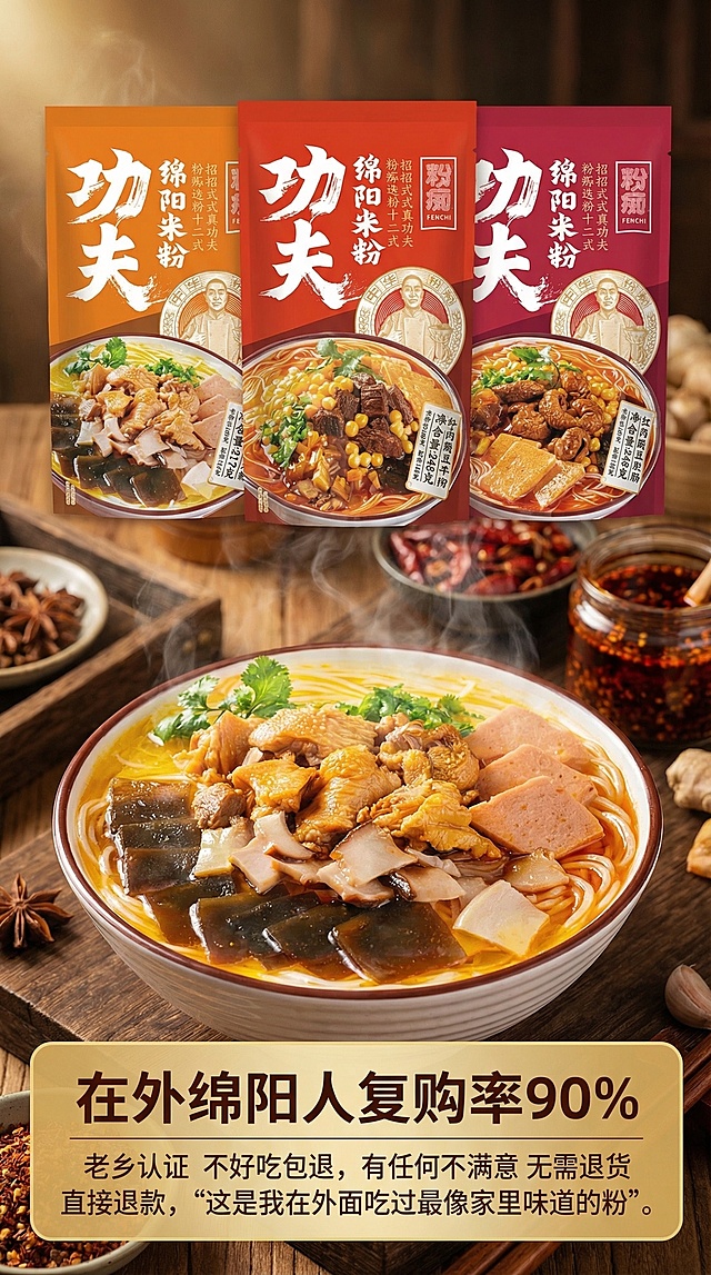 基于「图片1」，生成一套详情页图（5张），商品为粉痴米粉，商品核心卖点是，粉比发丝细，根根都入味，大块臊子，料比粉贵，老开元工艺，还原家乡味人在他乡，胃在故乡，5分钟出餐，比泡面还简单，老乡认证，不好吃包退，“四川人吃了都说‘要得’，在外绵阳人复购率90%”“有任何不满意，无需退货，直接退款。只为让老乡吃口顺心的饭”“这是我在外面吃过最像家里味道的粉”氛围/风格是符合人群审美，差异化竞争，在高级美食摄影的清晰度下，融入四川街头早餐店的暖黄烟火气，强调红油的透亮光泽、细粉的挂汁动态、以及大块肉料的实在感，色调浓郁饱和，氛围温暖治愈。 ，适配拼多多平台，主图比例为9:16「图片1」