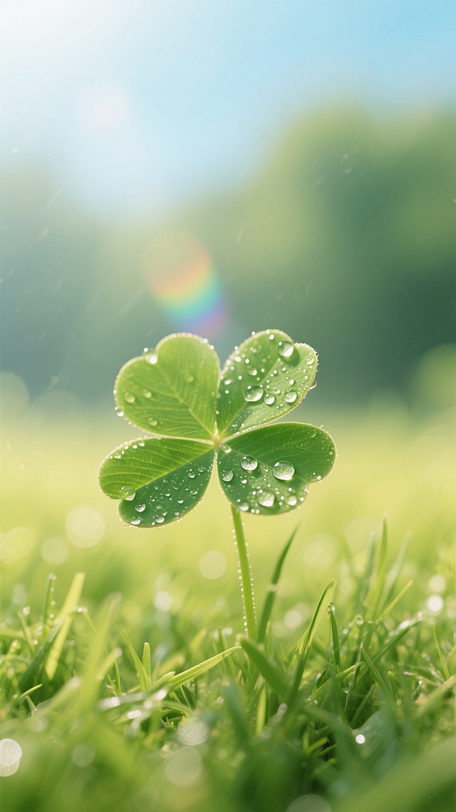 清晨阳光下的嫩绿草地特写，新生的三叶草叶片上滚动着晶莹的露珠，水珠折射出彩虹般的光晕，柔和的散射光从画面上方洒下，形成朦胧的淡蓝色天空与黄绿色草地的渐变背景，叶片边缘呈现细腻的高光，整体色调清新明快，充满春日雨后的湿润生机与蓬勃朝气，浅景深效果突出前景叶片的纹理细节，背景虚化形成梦幻的绿色渐变，营造出温暖、清新、充满希望的春日氛围。