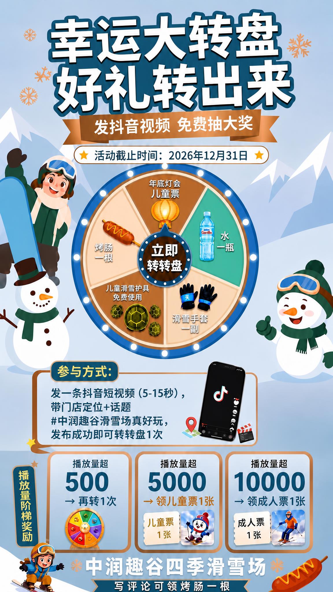 基于这张滑雪场抽奖海报进行修改：1. 将底部"中润趣谷滑雪场"… - 图片创意预览