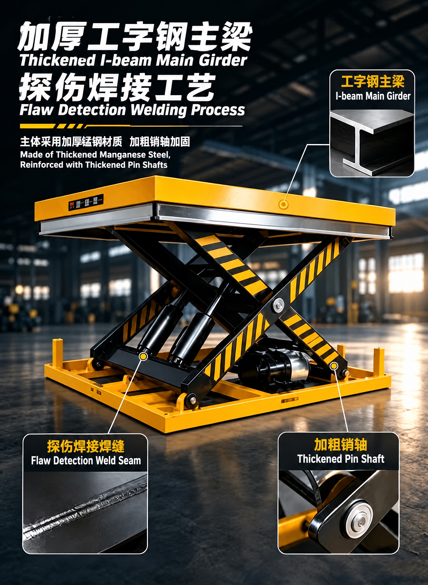 基于这张升降平台产品海报，将图片中所有中文文字翻译为英文，并保… - 图片创意预览