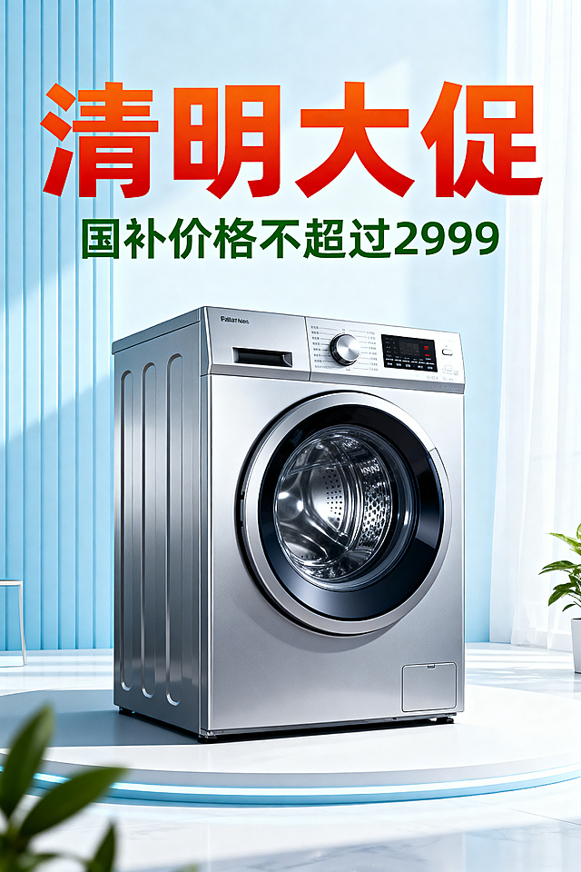 制作清明大促家电促销海报，放入银色滚筒洗衣机，添加醒目的促销文字“清明大促”，标注“国补价格不超过2999”，清新明亮的节日促销风格，背景简洁大气