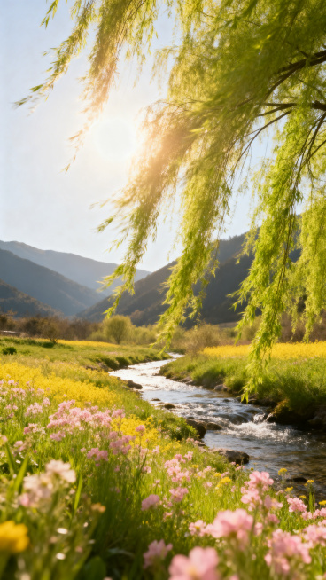 春日户外风景，春风拂过开满鲜花的草地，嫩绿的柳枝随风飘动，阳光明媚，远山如黛，溪流潺潺，一派春光无限的美好自然景象预览效果