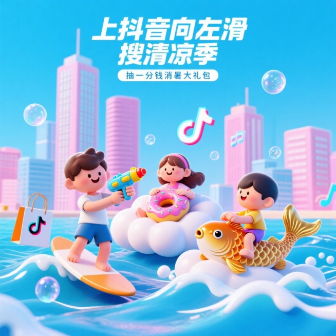 3D 卡通风格，创作充满童趣与夏日清凉氛围的场景。主体是三位小孩，男孩踩冲浪板玩水枪，女孩躺云朵抱甜甜圈，孩童骑金色锦鲤场景设定为城市背景，有高楼大厦，搭配海浪、带甜甜圈的云朵、泡泡、音乐符号。色调以预览效果