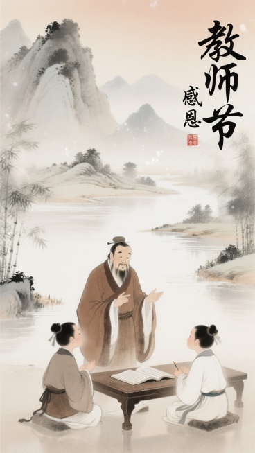 中国古风教师节插画：主体为着棕色长袍的古代学者（似孔子）温和授教，两汉服学童围立书卷小桌旁，专注聆听。

构图以 “前景人物 + 背景山水” 分层，显主次空间。背景是淡雅水墨山水，远山、河流、竹林交织预览效果