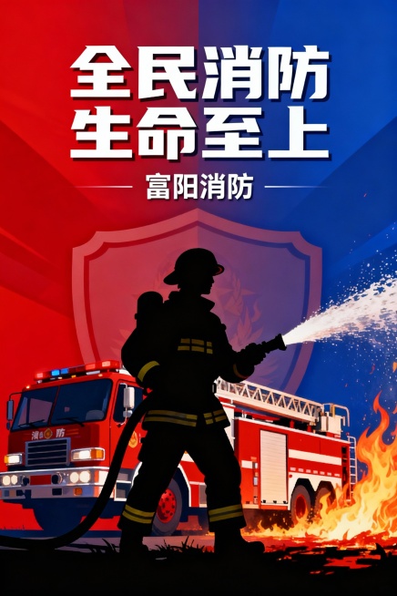 红蓝配色  “全民消防 生命至上”   “富阳消防”预览效果