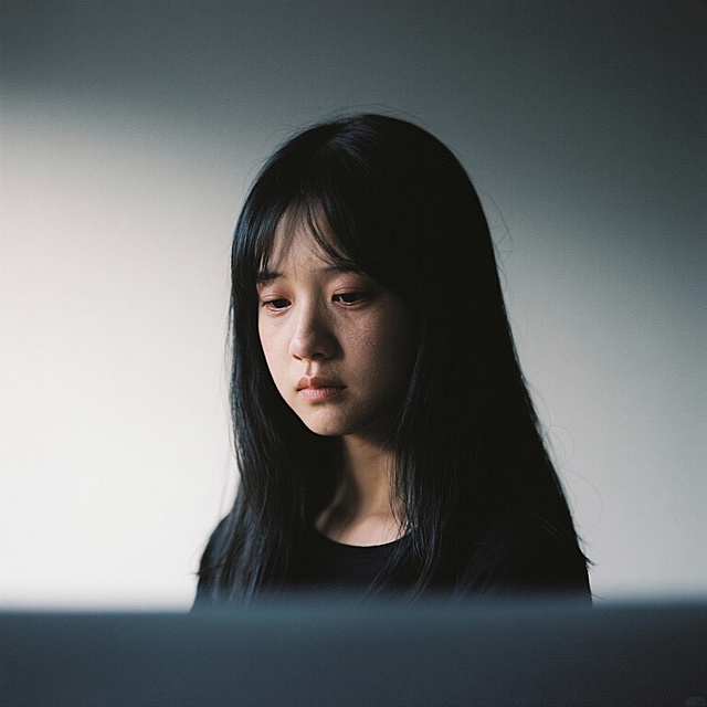 生成三张忧郁女孩的真人像照片