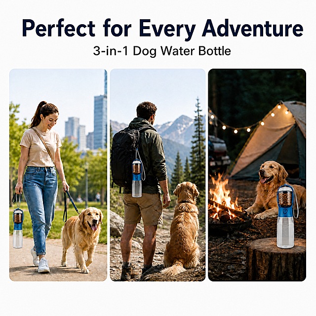 Based on the image, put dog food kibble only in the top compartment of all bottles, do NOT put dog food in the bottom compartment. For the second hiking scene image, hang the bottle on the backpack using the side gray lanyard of the bottle, keep other layout unchanged, maintain 1080x1080 square