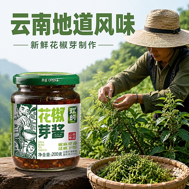 [主图-2] 花椒芽酱产地溯源主图。
[氛围风格] 生态自然，真实溯源，突出原产地新鲜。
[画质] 商业摄影质感、光线柔和通透、产品清晰真实、画面干净高级。
[元素] 左侧是完整的欢的花椒芽酱玻璃瓶，保持产品外观与原图完全一致，右侧是户外农户采摘新鲜花椒芽的实景，花椒树上长满嫩绿花椒芽，真实自然，商品主体清晰突出。保持产品外观、物理结构、材质质感、颜色与输入产品图绝对一致，杜绝任何变形和色差，精细化处理。
[光影] 自然户外日光，柔和明亮，突出新鲜花椒芽的翠绿生机和产品质感。
[配色] 自然绿色为主，搭配产品的深棕酱色，清新自然。
[视角构图] 左右分屏构图，产品和场景自然融合，主体突出。
[文字版式] 上方大号文字"云南地道风味"，绿色粗体，下方标注"新鲜花椒芽制作"，小字清晰，文字不遮挡主体。
[输出要求] 1:1 比例，文字清晰可辨，超高清商业摄影质感。
[负向提示词] 变形，文字错乱，产品图模糊，背景杂乱，水印，电商平台Logo。