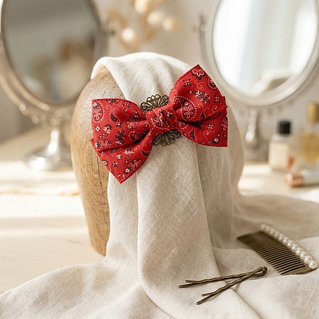 使用图片中的红色佩斯利花纹丝带制作蝴蝶结，做成头饰配饰，白天明亮色调，通过颜色对比凸显红色丝带蝴蝶结产品，红色佩斯利丝带蝴蝶结必须出现在画面中，整体风格复古高级