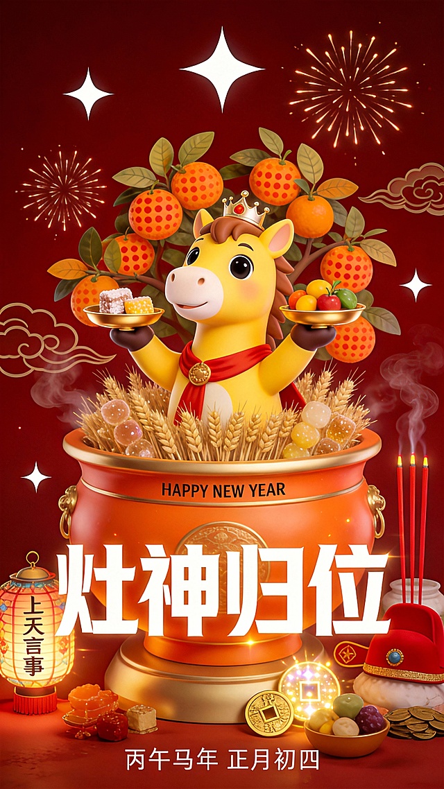 3D拟人马神捧果献瑞，国潮鎏金风融合卡通可爱感，喜庆红金配色，金属质感细节，寓意灶神归位，丙午马年正月初四迎新春。