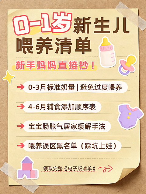 母婴育儿新生儿喂养清单干货分享卡通贴纸风格大字报小红书封面