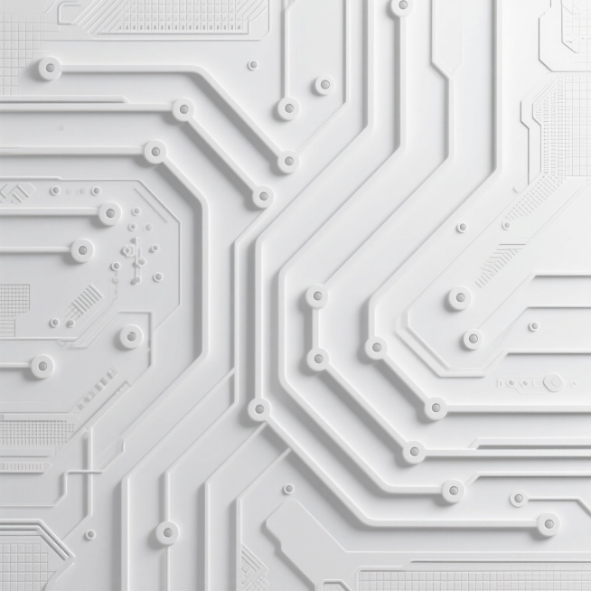 白色背景上的科技感电路板纹理图案，采用抽象的几何线条设计，线条呈现出流畅的曲线与折线组合，节点处点缀细小圆点，整体布局具有对称美感与规律的节奏感，变换为更具层次感的立体浮雕纹理效果，线条边缘带有轻微的渐变光泽，局部区域融入细微的网格纹理和电路元件符号的简化变形，保持科技主题的同时增强视觉细节丰富度，整体风格简洁现代，具有强烈的数字科技氛围和设计感。预览效果