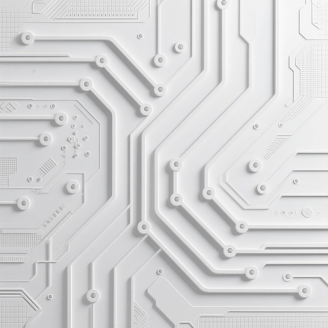 白色背景上的科技感电路板纹理图案，采用抽象的几何线条设计，线条呈现出流畅的曲线与折线组合，节点处点缀细小圆点，整体布局具有对称美感与规律的节奏感，变换为更具层次感的立体浮雕纹理效果，线条边缘带有轻微的渐变光泽，局部区域融入细微的网格纹理和电路元件符号的简化变形，保持科技主题的同时增强视觉细节丰富度，整体风格简洁现代，具有强烈的数字科技氛围和设计感。