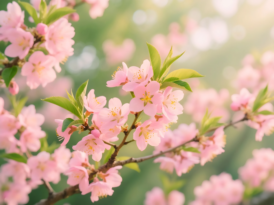 明亮清新的自然写实风格背景，大量盛开的粉色桃花为主体，花蕊点缀着浅黄色花药，簇拥在翠绿桃树叶片间，枝干纤细呈浅褐色。背景采用浅景深处理，柔和的绿色与淡粉色光斑交织的散景效果，模拟清晨或午后的自然光透过预览效果