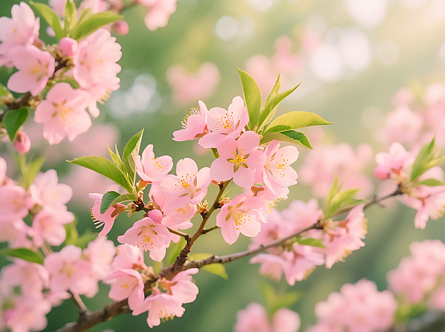 明亮清新的自然写实风格背景，大量盛开的粉色桃花为主体，花蕊点缀着浅黄色花药，簇拥在翠绿桃树叶片间，枝干纤细呈浅褐色。背景采用浅景深处理，柔和的绿色与淡粉色光斑交织的散景效果，模拟清晨或午后的自然光透过树叶形成的斑驳光影，整体色调以粉色桃花、鲜绿色桃叶片背景为主，营造出宁静、生机勃勃且充满春日气息的氛围，画面边缘自然模糊过渡，突出主体桃花的细腻质感和通透光感