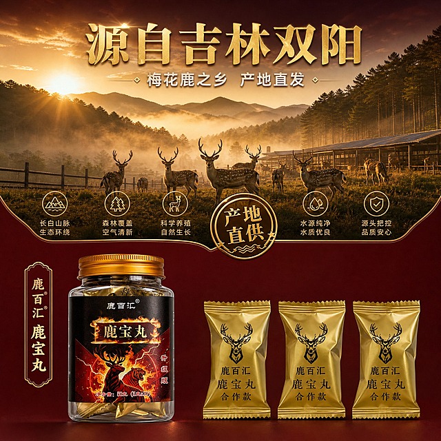 [主图-2] 产地溯源图，突出吉林双阳产地优势与梅花鹿养殖环境。
[统一基调] 整体风格为高端品质国风，背景主色为深酒红渐变搭配金色光晕，标题字色为烫金质感，辅助字色为米白色，强调色为金色，字体为厚重宋体与黑体搭配，字号层级分明，卡片采用金边圆角样式，图标为线性金色图标。
[画面] 画面采用上下分屏构图，上半部分为吉林双阳梅花鹿养殖基地实景风格——开阔的鹿场、自然山林、晨光中的梅花鹿群剪影，体现原生态养殖环境；下半部分左侧为产品瓶装展示，右侧为三颗金色独立小包装整齐排列。中间用金色分割线过渡，有"产地直供"印章样式标识。
[光影质感] 上半部分自然晨光逆光质感，鹿群与山林有晨雾朦胧感；下半部分商业棚拍质感，产品清晰锐利，底部有柔和阴影，上下光影自然过渡。
[配色] 上半部分暖金色自然场景 + 下半部分深酒红产品展示区，金色文字与图标贯穿统一。
[文字版式] 上方大标题"源自吉林双阳"烫金大字，下方小字"梅花鹿之乡 产地直发"。产品旁标注"鹿百汇 鹿宝丸"。文字清晰，不遮挡主体。
[输出要求] 1:1正方形比例，2K高清，产地场景真实自然，产品清晰。负向：变形、错字、模糊、杂乱、水印、平台Logo、功效宣传、中药材字样、医疗暗示、虚假产地标识。