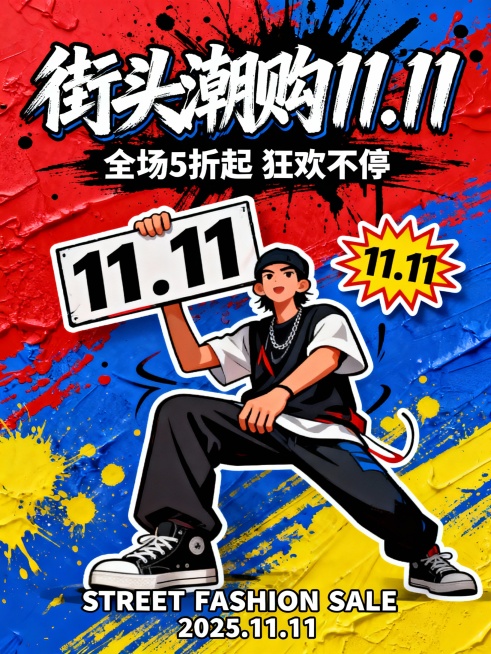 一张双11街头潮流竖版海报，泼墨笔触背景，手写涂鸦标语，动态人物举牌“11.11”，爆炸贴纸元素，主标题“街头潮购 11.11”，副标题“全场5折起 狂欢不停”，辅助文案“STREET FASHION预览效果