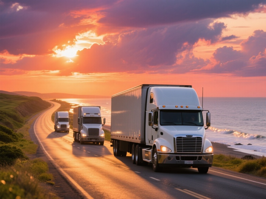 写实风格，三辆白色大型货运卡车在蜿蜒的沿海公路上行驶，前方卡车占据画面主要位置，后方两辆依次排列，形成纵深感。天空呈现壮丽的日落景象，橙红色与紫色云彩交织，阳光从云层间隙洒落，在卡车车身和路面上形成温暖的金色高光与长长的阴影。海面在右侧延伸至远方，泛着粼粼波光，公路左侧是绿色的海岸植被。整体画面光影对比强烈，色彩饱和度高，具有清晰的材质细节（如卡车金属质感、路面沥青纹理），构图采用三分法，视觉……预览效果