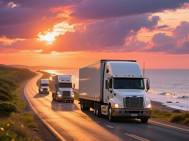 写实风格，三辆白色大型货运卡车在蜿蜒的沿海公路上行驶，前方卡车占据画面主要位置，后方两辆依次排列，形成纵深感。天空呈现壮丽的日落景象，橙红色与紫色云彩交织，阳光从云层间隙洒落，在卡车车身和路面上形成温暖的金色高光与长长的阴影。海面在右侧延伸至远方，泛着粼粼波光，公路左侧是绿色的海岸植被。整体画面光影对比强烈，色彩饱和度高，具有清晰的材质细节（如卡车金属质感、路面沥青纹理），构图采用三分法，视觉引导线从前景延伸至海天交界处，营造出开阔、动态且充满希望的氛围。