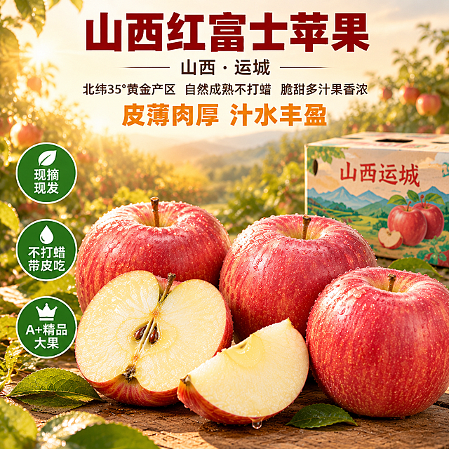 [主图-4] 金色阳光果园场景，突出山西红富士苹果皮薄肉厚汁水丰盈的口感。
[统一基调] 京东电商主图，800×800像素，1:1比例，品质稳重风格，文字占比<30%，一图一重点。主标题为深红色粗黑体大字，辅助文案为深褐色中号黑体，强调卖点为橙黄色粗体字，圆形标签为绿色底白色图标文字。整体自然写实商业摄影质感，8K高清。
[画面] 背景为山西运城苹果果园实景，傍晚金色阳光斜照在果园中，形成温暖浓郁的金色色调，果树和苹果都笼罩在金色光芒中，背景虚化处理。中央偏下位置是5个山西运城红富士苹果错落摆放，2个完整、2个瓣状、1个咬痕。果皮鲜红色带条纹状红晕，果形端正果面光滑，果肉黄白色汁液丰富，咬痕处可见清晰果肉纹理和欲滴的果汁。苹果右后方摆放一个山西运城红富士苹果包装箱，箱子样式与提供产品图中的包装箱一致，印有山西运城字样和山水果园图案。金色斜阳从侧后方照亮，45度俯拍视角。苹果旁边环绕着三个圆形小标签：现摘现发、不打蜡带皮吃、A+精品大果，标签呈圆形绿色底白色图标文字，分布在苹果左上方、左侧、左下方。
[光影质感] 傍晚金色斜阳逆光照射，苹果边缘有金色光晕，果肉切面通透多汁有光泽，咬痕处果汁欲滴，商业摄影级质感，光影温暖浓郁，产品与场景融合自然无悬浮感。
[配色] 主色调为金色夕阳暖色调与苹果红色搭配，标题字深红色，辅助文字深褐色，强调卖点橙黄色，标签绿色底白字。整体色调温暖浓郁充满食欲感。
[文字版式] 文案自上而下居中排列：顶部最大加粗深红色字"山西红富士苹果"，其下方深褐色小字"山西·运城"，其下方深褐色中号字"北纬35°黄金产区 自然成熟不打蜡 脆甜多汁果香浓"。底部橙黄色八个字卖点"皮薄肉厚 汁水丰盈"。文字清晰不遮挡苹果主体，放在画面上方负空间。
[输出要求] 800×800像素，1:1比例，8K高清，文字清晰可读，苹果外观与产品图一致，箱子样式与提供产品图中的包装箱一致，画面干净有食欲感。禁止变形、错字、模糊、杂乱、水印、平台Logo、悬浮感、边缘硬切。