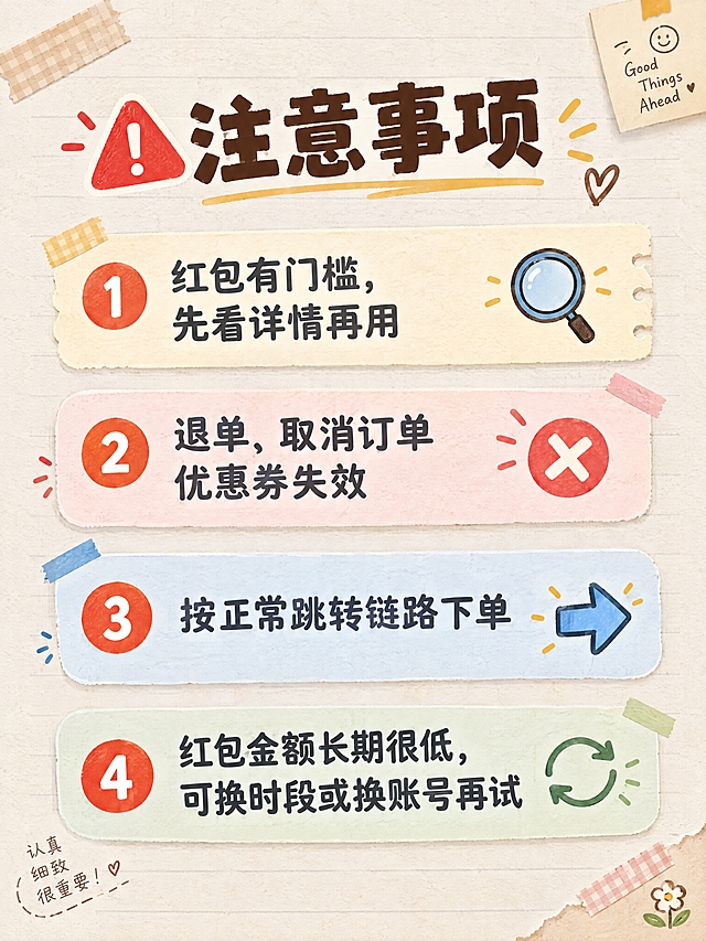 小红书笔记内页长图，注意事项页，手账拼贴风，版式精美，小红书笔记内页质感。顶部大标题：「注意事项」，标题左侧有一个红色警示三角图标。画面主体为4条注意事项，竖向排列，每条用便签纸/圆角卡片样式呈现，前面带序号圆点。4条内容依次为：1.「红包有门槛，先看详情再用」；2.「退单、取消订单优惠券失效」；3.「按正常跳转链路下单」；4.「红包金额长期很低，可换时段或换账号再试」。背景：浅米色笔记纸纹理背景，带淡淡的横线。文字样式：标题为深棕色粗黑体，注意事项文字为深灰色中等粗细字体，序号圆点为橙红色底白字。装饰：每条注意事项旁边有小图标点缀（放大镜、叉号、箭头、刷新图标）；画面角落有胶带、便签角等手账元素。整体氛围：温馨提醒、认真细致、手账感十足。画质：高清细腻，信息层级清晰，文字完整处于安全区内不可裁切，四周留安全边距。画面比例3:4，4K。