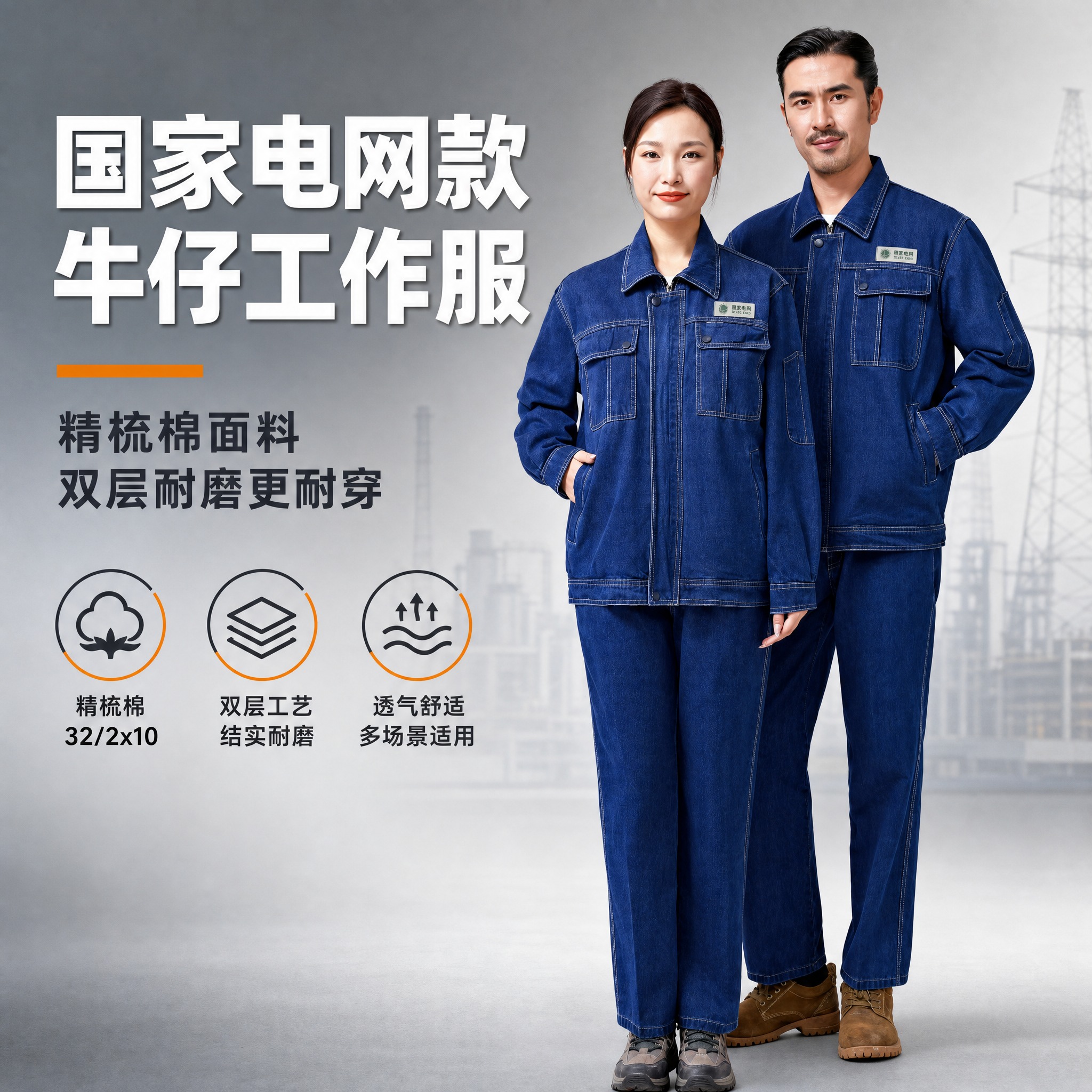 [主图-1] 核心卖点首图，展示国家电网款牛仔工作服套装整体穿… - 图片创意预览