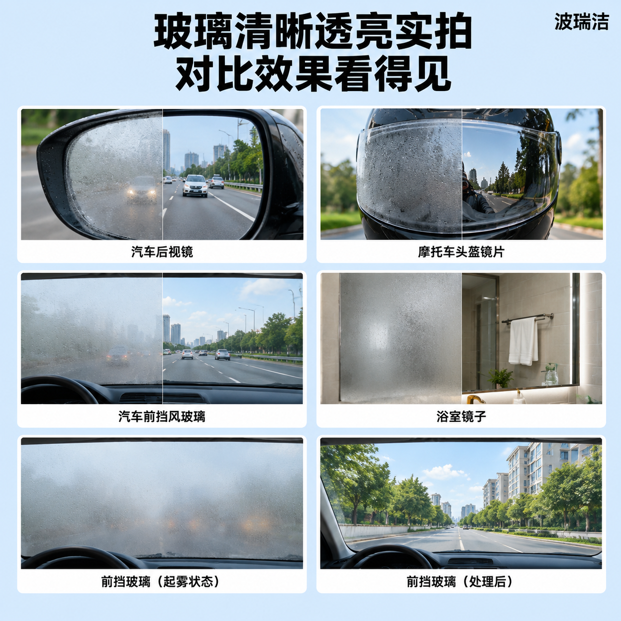 [主图-3] 波瑞洁玻璃防雾剂多场景对比效果图，核心任务是用6… - 图片创意预览