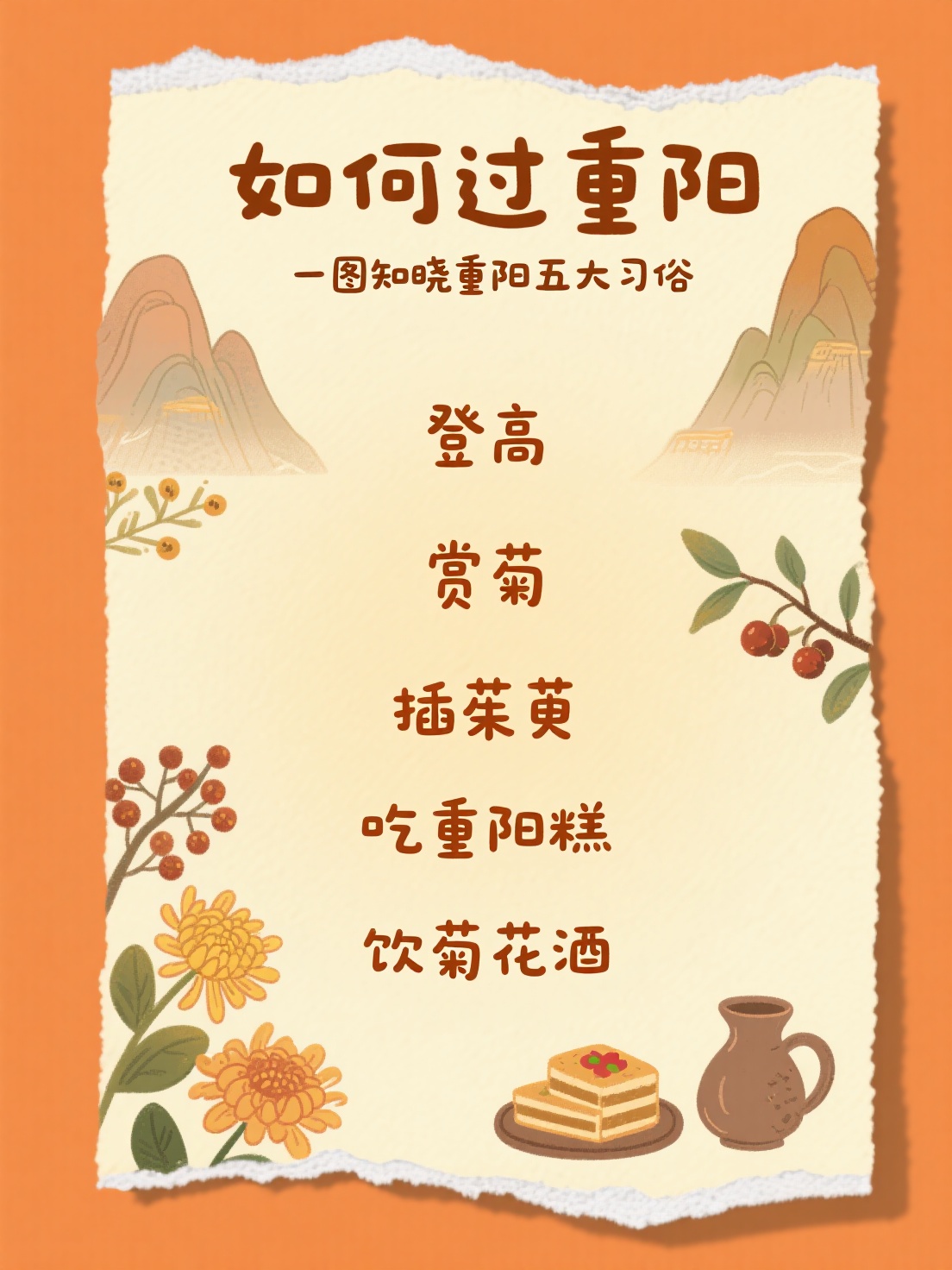 手账风插画，赭石色字，顶部有艺术字标题 “如何过重阳”，副标题… - 图片创意预览