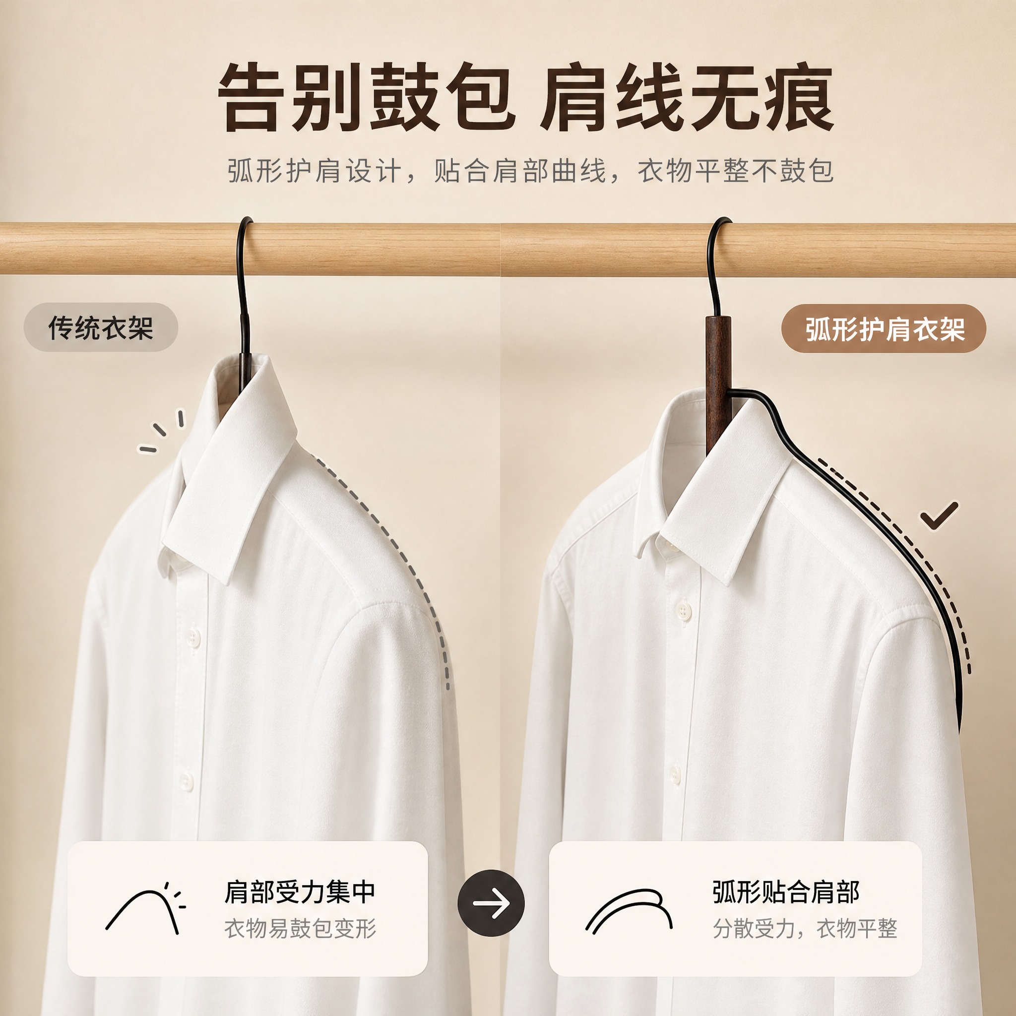 [主图-2] 核心亮点图，展示弧形护肩设计防止衣物鼓包的效果，… - 图片创意预览