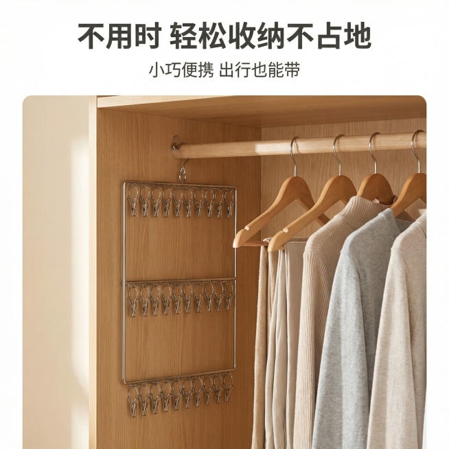 主图主题：不锈钢袜子夹收纳展示图；氛围/风格：简约日系风，整洁实用；画面元素：不锈钢袜子夹平整挂在衣柜侧边的挂钩上，旁边挂着衣物，不占用多余空间，背景为浅原木色衣柜内部，整洁干净，突出收纳便捷属性，背预览效果