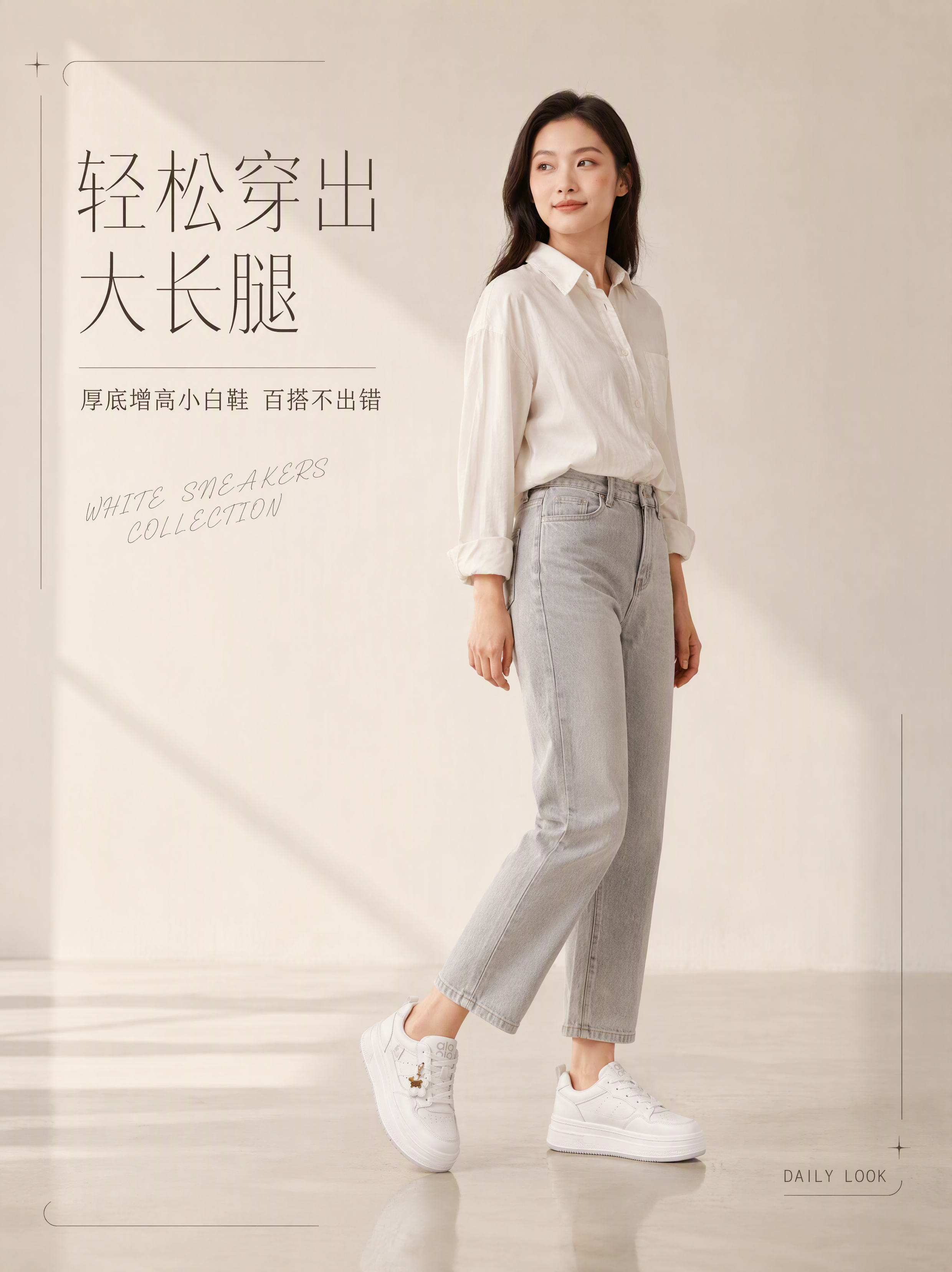 [第1张] 详情页头图-白色厚底休闲板鞋模特穿搭主视觉海报。本… - 图片创意预览