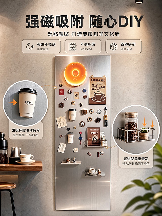 [商品] 使用【图1】不锈钢珐琅板；保留银色金属拉丝质感与长方形结构；板面展示丰富磁吸物品，突出磁吸功能。
[画面] 目标：磁吸功能演示，验证强磁吸附能力与DIY自由度。构图：产品居中占画面60%，板面吸附多种物品（咖啡杯、海报、便签、钥匙、小置物架、装饰徽章），部分物品用动态箭头示意"一贴即吸"；左右两侧各有一个圆形放大框展示磁吸特写（左侧=杯贴吸附特写、右侧=置物架承重特写）；背景为浅水泥灰墙面+暖光。
[视觉] 套系策略：风格=现代工业风高级商业摄影；标题字=粗黑体无衬线；正文字=简洁无衬线体；主色=金属银灰；背景延展=基于银灰做深浅层级、暖棕木色与水泥灰搭配、同色渐变和细腻金属/水泥质感；强调色=暖橙棕，仅用于小面积图标、引线、标签和局部光效；标题色=深炭灰；正文色=中暖灰；组件=圆角浅底信息卡、细线引线、金属质感图标；光影=左前侧暖柔光+顶部射灯，金属表面有自然高光反射。
[文字] 顶部主标题"强磁吸附 随心DIY"，副标题"想贴就贴 打造专属咖啡文化墙"；下方3个卖点标签横排：「强磁不掉落」承重稳固、「不伤墙面」免钉免钻、「百种搭配」创意无限；放大框内配小字说明。
[规格] 图片比例3:4竖版，4K，避免变形、错字、文字过小、冷蓝/蓝灰背景、产品颜色改变、结构失真。