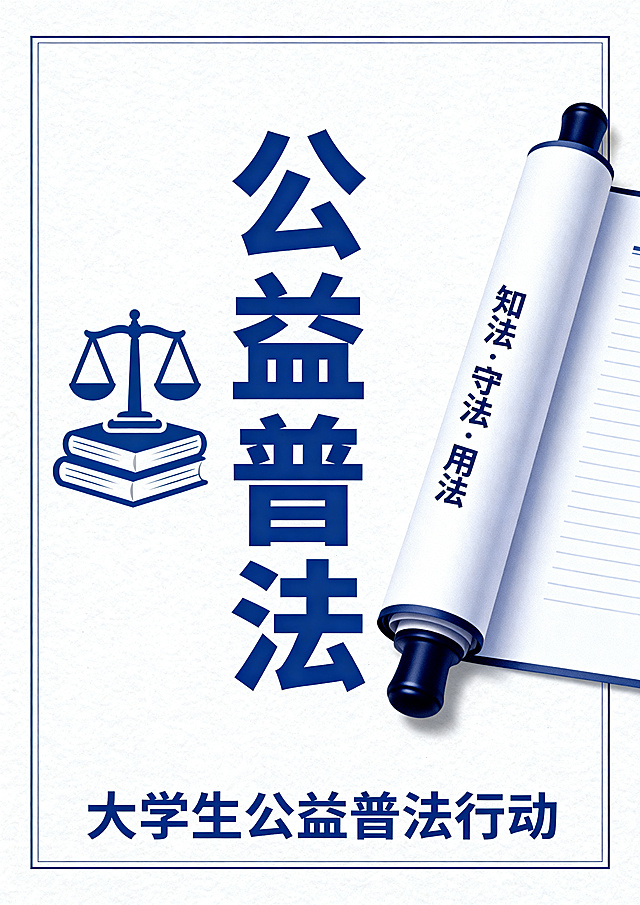 设计一张公益普法主题的公益宣传海报，整体风格正式大方，视觉清晰，突出普法公益理念，适合大学生设计比赛参赛作品，尺寸宽度2480像素，高度3508像素，海报上包含醒目的“公益普法”主题文字