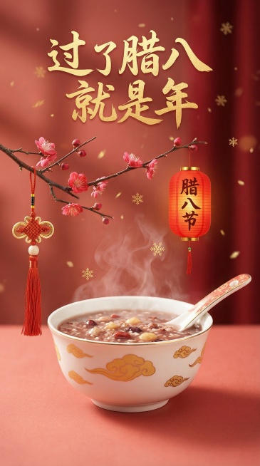 一幅温暖喜庆的腊八节静物摄影：画面以柔和虚化的绯红色背景铺底，点点鎏金雪花轻盈飘落。一株姿态优美的梅枝斜逸而出，系着流苏中国结，旁边悬一只手写“腊八节”字样的绯红灯笼。画面中央，一只饰有金色祥云纹的红预览效果