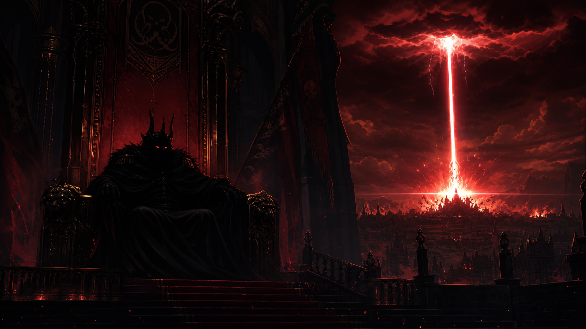 One Piece anime style, Imu sitting on the Empty Throne, shadowy figure with glowing eyes, dark atmos预览效果