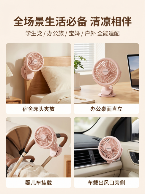2:3 竖版电商详情第九屏，奶油治愈风，日系侘寂极简质感；严格还原上传的长虹夹式小风扇产品图，包括包装设计、颜色、LOGO位置、文字内容、图案元素等所有细节，去掉无关背景杂物，尺寸比例保持1:1；真实预览效果