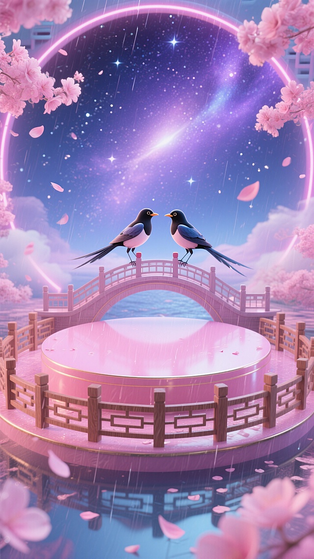 梦幻粉色圆形展台，站台上有中式围栏，展台后面是两只喜鹊，站在中式鹊桥上，一左一右在对话，花瓣雨，背景是蓝紫色的银河星空，霓虹光效