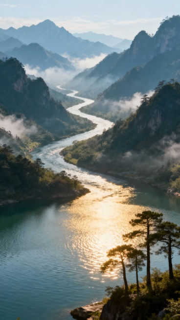 古风优美干净的描写"山重水复"的山水画波光粼粼，实景，电影感预览效果