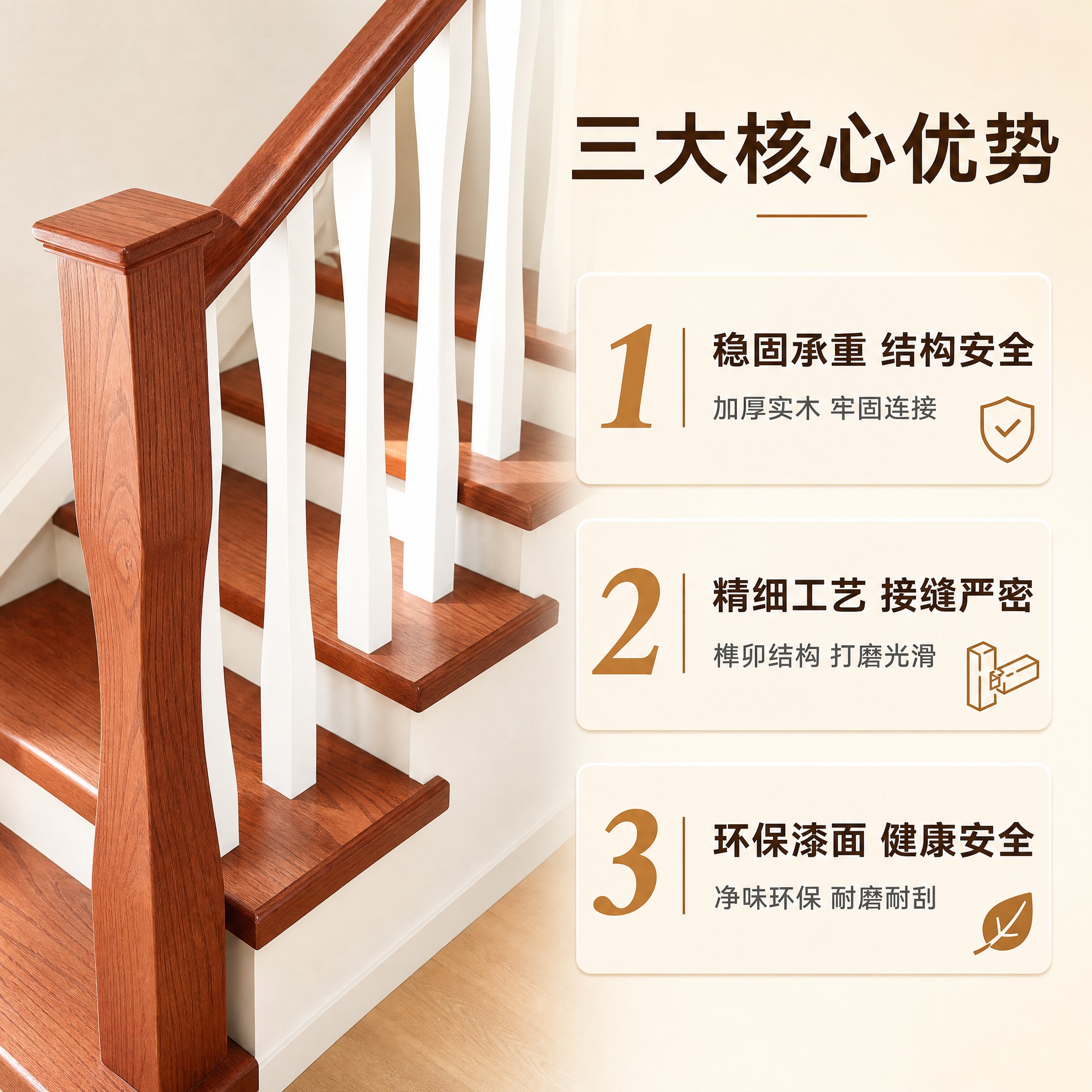 [主图-2] 核心卖点展示图，突出实木楼梯的结构稳固与工艺精细… - 图片创意预览