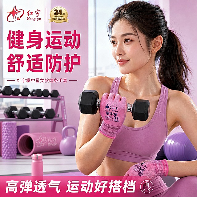 红宇掌中星女款健身手套健身场景展示，一位身材健美的女生戴着玫粉色健身手套在健身房举哑铃锻炼，展示手套在运动中的使用效果和贴合度。健身房背景，有哑铃、瑜伽垫等健身器材，粉紫色调统一，活力运动感。商业摄影质感，光线明亮自然，人物健康阳光。文字：顶部大标题"健身运动 舒适防护"，玫粉色粗体；底部标注"高弹透气 运动好搭档"。1:1比例，文字清晰。