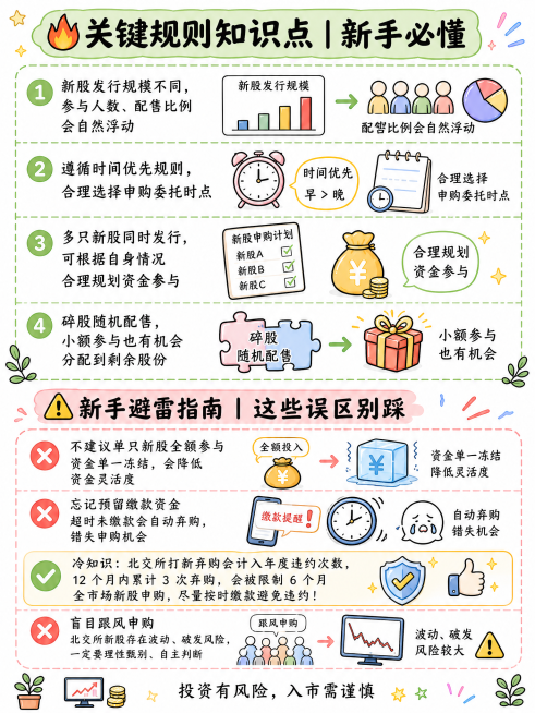 仿照参考图小红书简洁手绘涂鸦风格，比例3:4竖版，上下分区版式，多元冷暖清新配色，画面信息量饱满，完整保留所有文字内容：🔥关键规则知识点｜新手必懂 1️⃣ 新股发行规模不同，参与人数、配售比例会自然预览效果